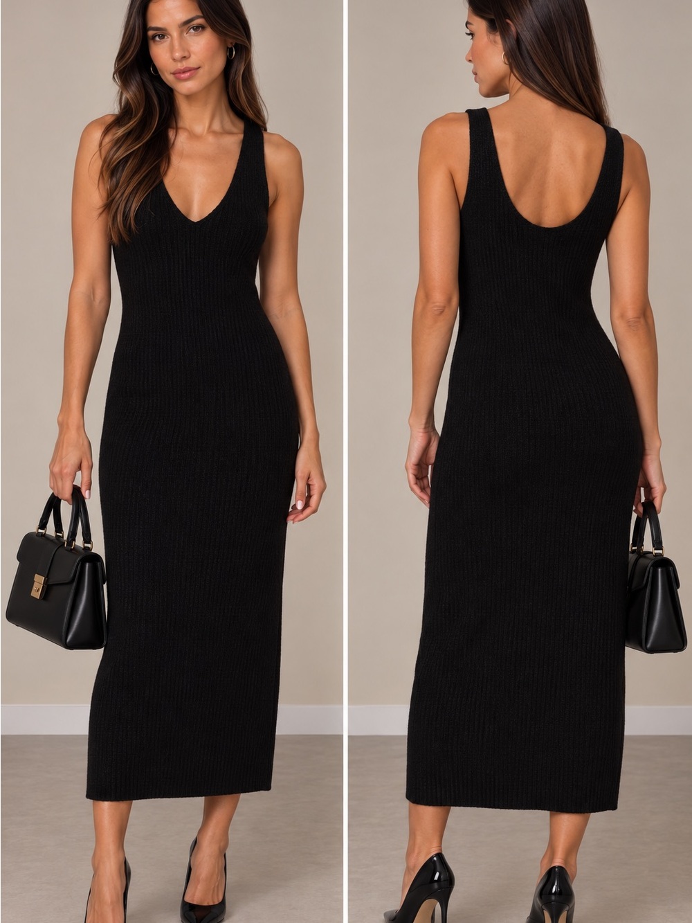 Cyrus Black Ribbed V-Neck Maxi Dress